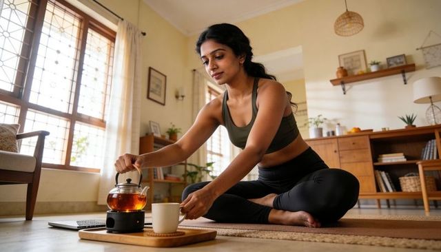 Woman pouring tea after home yoga session in sunlit living room with laptop and cozy decor