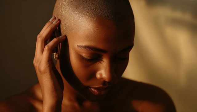 Shaved-head woman touching ear and lowering gaze in warm golden-hour closeup portrait