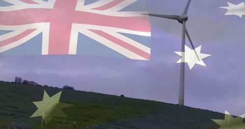 Wind Turbine and Australian Flag Symbolizing Renewable Energy