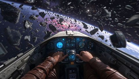First-person cockpit view navigating dense asteroid field, pilot steering spacecraft