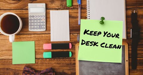 Keep Your Desk Clean Reminder Note on Organized Workspace