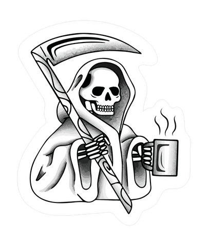 Grim reaper cartoon holding scythe and hot mug on transparent background