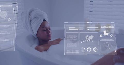 Relaxed Woman in Bubble Bath with Futuristic Holographic Display