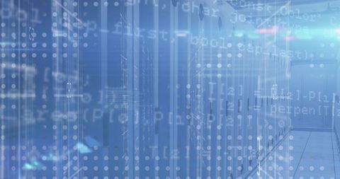 Futuristic Data Center with Digital Coding Overlay