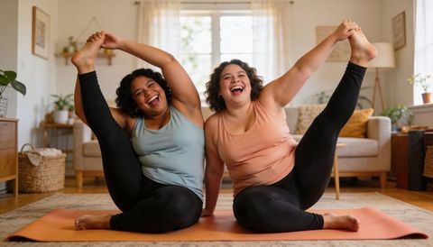 Laughing plus-size friends stretching together on orange yoga mat in sunlit living room
