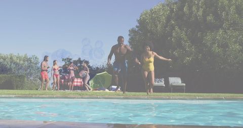 Friends Enjoying Bubbles at Lively Pool Party - Download Free Stock Images Pikwizard.com