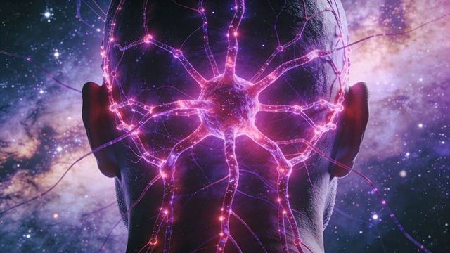 Glowing neural nexus overlaying bald head against cosmic galaxy background for ai concept
