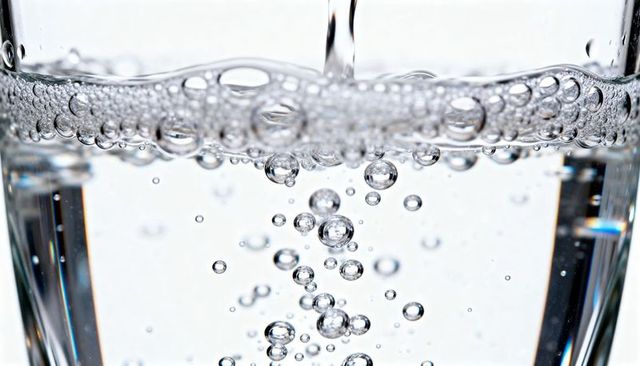 Pouring sparkling water into clear glass with rising bubbles and foamy surface
