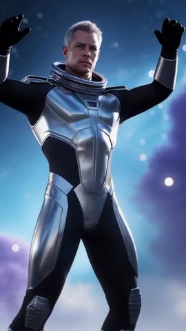 Raising Arms Calibrating Metallic Spacesuit Sensors on Rocky Plain Under Nebula Sky