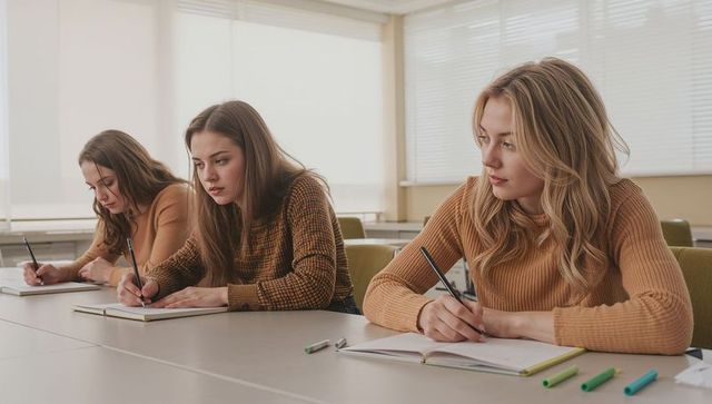 Three young women taking notes in classroom wearing tan sweaters focused on group study