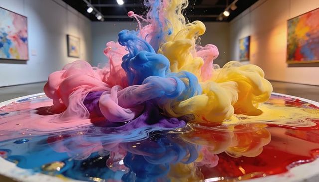 Erupting multicolor paint plumes forming mirrored swirl on tray in contemporary gallery