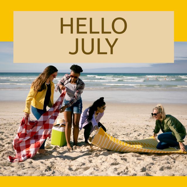 Composition of hello july text over diverse female friends at beach. July, summer, seaside and vacation concept digitally generated image.