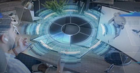 Futuristic Holographic Interface Above Tech Workshop