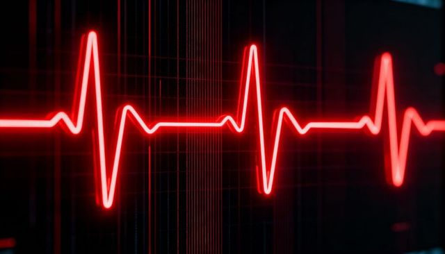 Red Neon ECG Waveform on Medical Monitor Showing Vibrant Heartbeat Pulse Glowing Grid