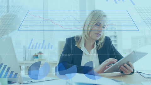 Businesswoman deeply focused on analyzing digital statistics on a tablet, with data visualization overlays depicting graphs and charts in modern office setting. Perfect for illustrating concepts of technology in business analysis, financial strategies, digital economy, corporate marketing, and data-driven decision-making.