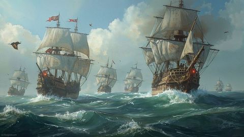 Historic pirate ship sailing through rough seas depiction