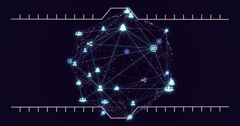 digital network globe with glowing blue icons on black background - Download Free Stock Images Pikwizard.com