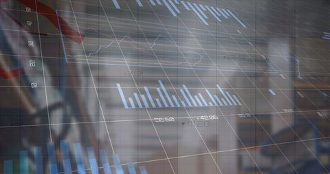 Digital financial data and graphs overlaid on warehouse background
