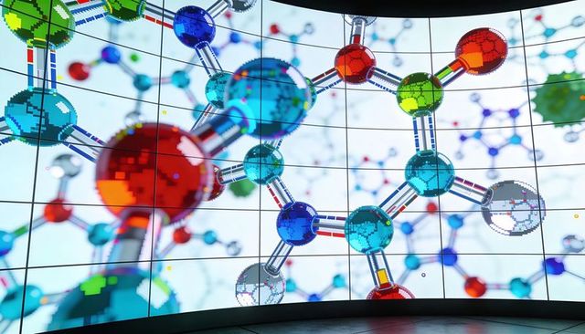 Curved multipanel led wall display displaying vibrant 3d molecular model in neon gloss
