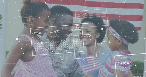Military father embracing family on porch with american flags and tech overlay