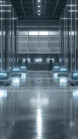 Vertical video: technicians monitoring futuristic LED-lit datacenter with reflective floor