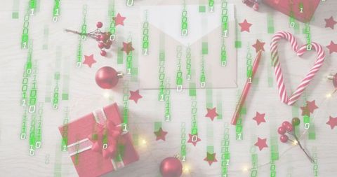 Holiday gift flatlay blending red present and candy cane with green binary code overlay