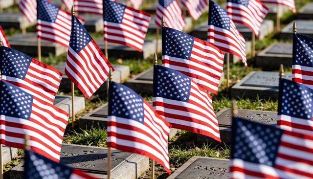 Waving american flags over veteran grave markers on sunlit memorial lawn remembrance