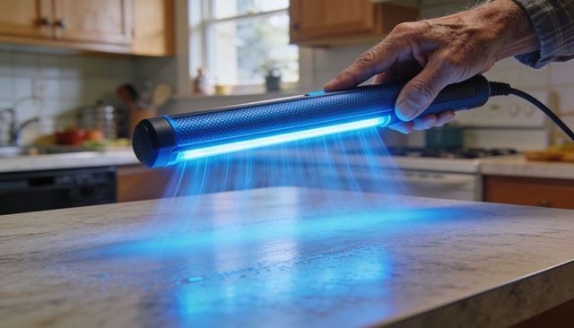Sanitizing kitchen countertop with uv wand held by senior hand showing blue uv glow