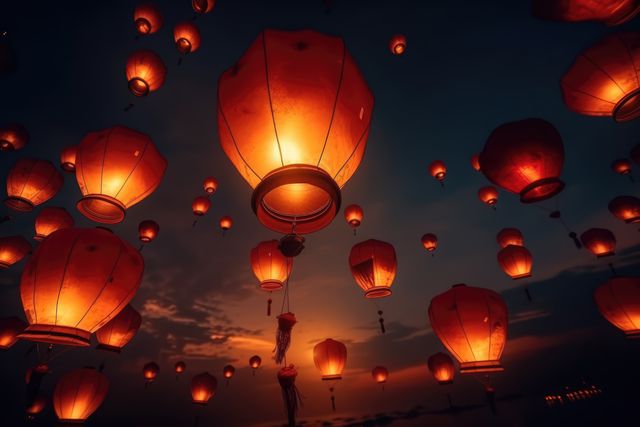 Multiple lighted chinese lanterns over sky with clouds created using generative ai technology - Download Free Stock Photos Pikwizard.com