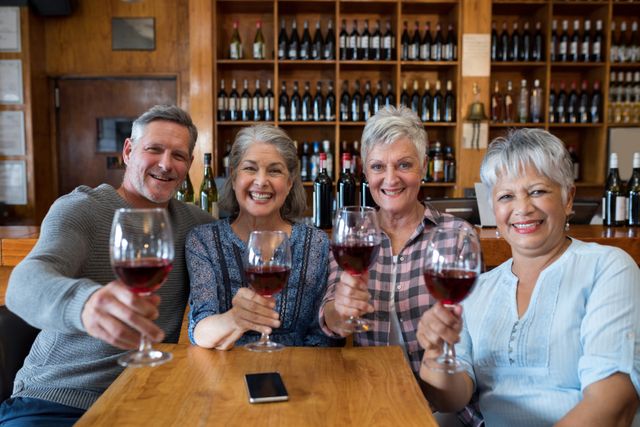 Group of senior friends enjoying red wine in a restaurant, smiling and raising their glasses. Ideal for use in advertisements or articles about socializing, senior lifestyle, wine tasting events, or restaurant promotions.