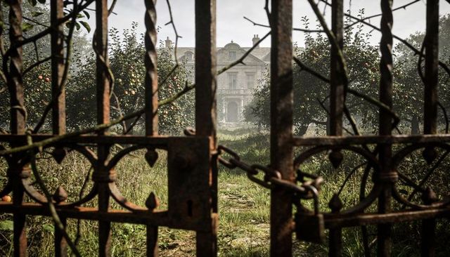 Rusting iron gate blocking overgrown manor drive, chained padlock securing apple orchard approach