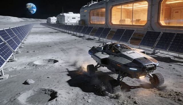 Futuristic lunar rover speeding past tilted solar arrays beside illuminated habitat