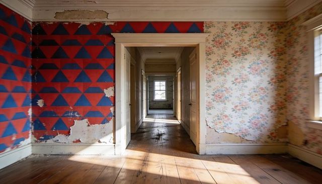 Sunlit abandoned hallway showing peeling floral and geometric wallpaper, worn wooden floorboards
