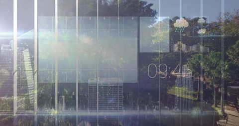 Smart Glass Interface Showing Digital Calendar, Clock and Weather Overlay over Urban Park