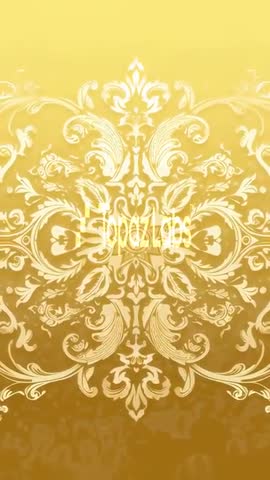 Vertical gold filigree pulsing arabesque ornament with glowing white text and lens flare