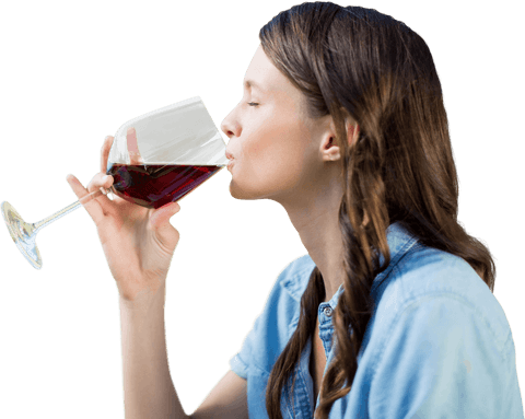 Transparent woman drinking red wine in jeans shirt