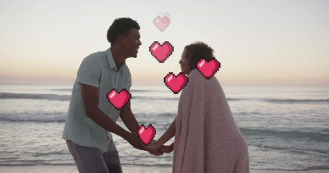 Romantic Diverse Couple Holding Hands at Beach Sunset
