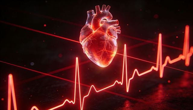 Pulsing glowing anatomical heart hovering over neon ecg waveform holographic coronary grid