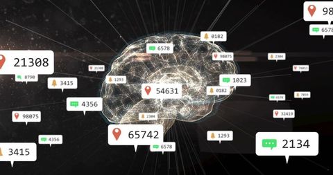 Floating glowing digital brain mapping neural connections with data alerts location tags