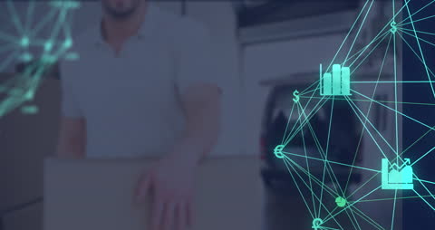 Caucasian Male Courier Holding Parcel with Digital Interface Overlay