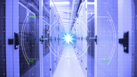 Futuristic Digital Interface in Modern Data Center Corridor