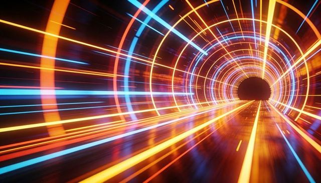 Neon light tunnel racing through futuristic circular corridor with motion-blurred streaks