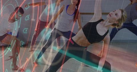 Women Practicing Side Lunge in Neon-Lit Fitness Class for Group Workout and Stretching