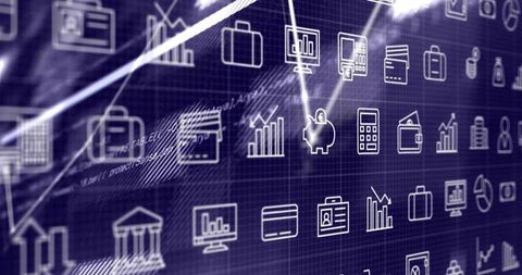 Financial icons and data visuals with rising charts on digital analytics grid