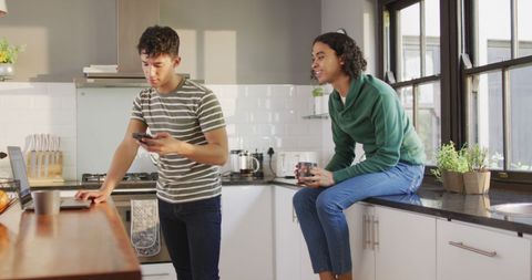 Diverse Couple Connecting Over Coffee in Cozy Kitchen