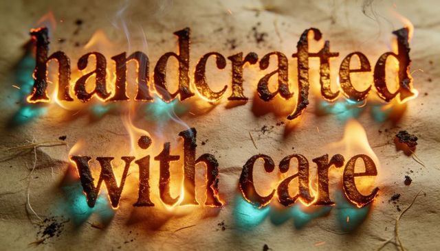 Handcrafted with care text burning on parchment with flames, embers and smoke