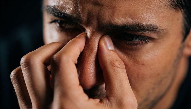 Tense adult male pinching bridge of nose, sweat droplets and stubble closeup portrait