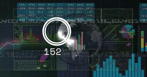 Futuristic data dashboard highlighting metric 152 with hud ring, global map, neon charts