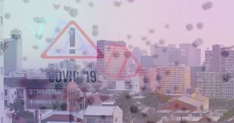 Covid-19 pandemic overlay on cityscape with dna and virus cells