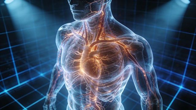 Transparent male torso revealing glowing cardiovascular and neural networks in virtual lab
